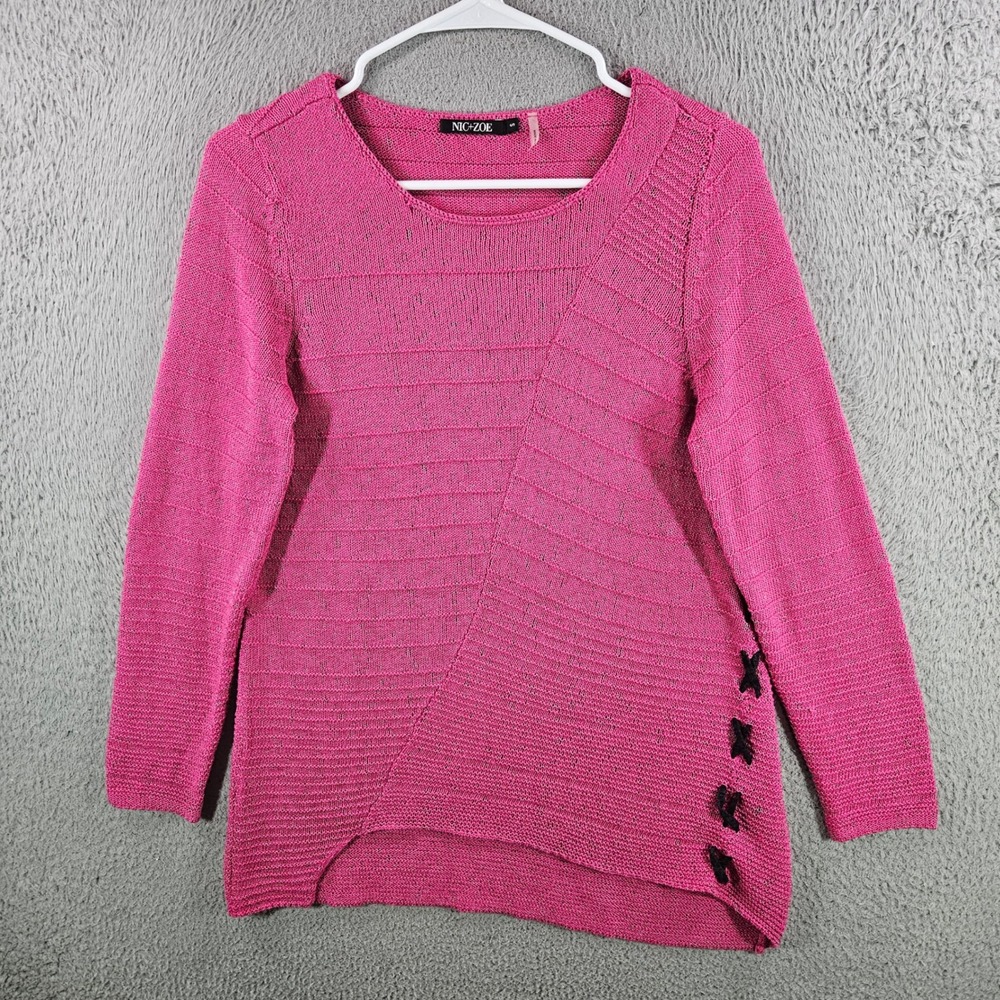Nic+Zoe Womens Pink Asymmetric Lace Up Knit Sweater Sz S Cotton Blend Scoop Neck
